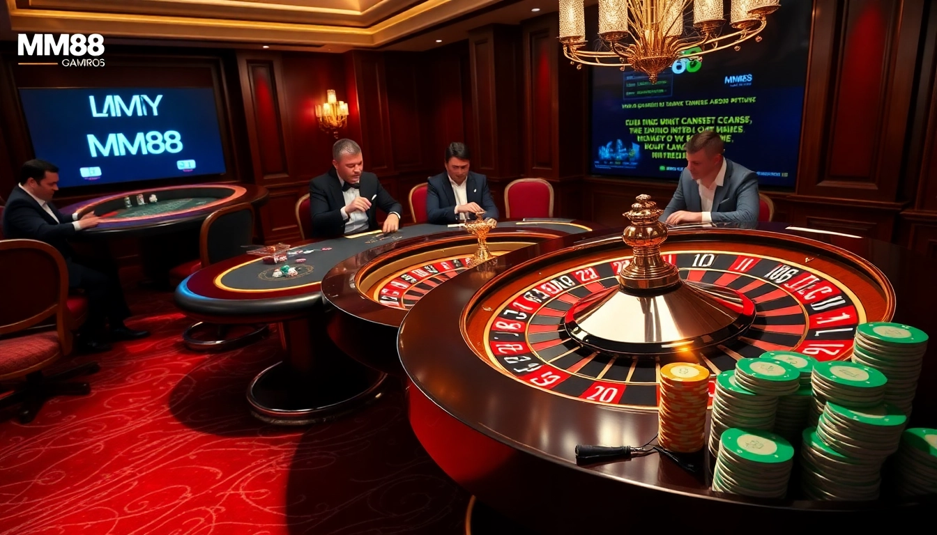 MM88 players enjoying a thrilling poker game at an elegant casino table.