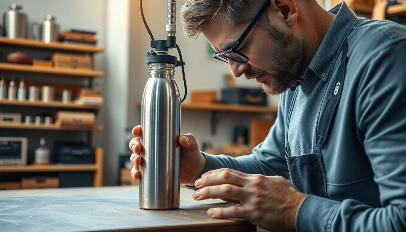Lazerinio graviravimo procesas nerūdijančio plieno gertuvėje, akcentuojant graviravimo ant gertuvių meistriškumą.