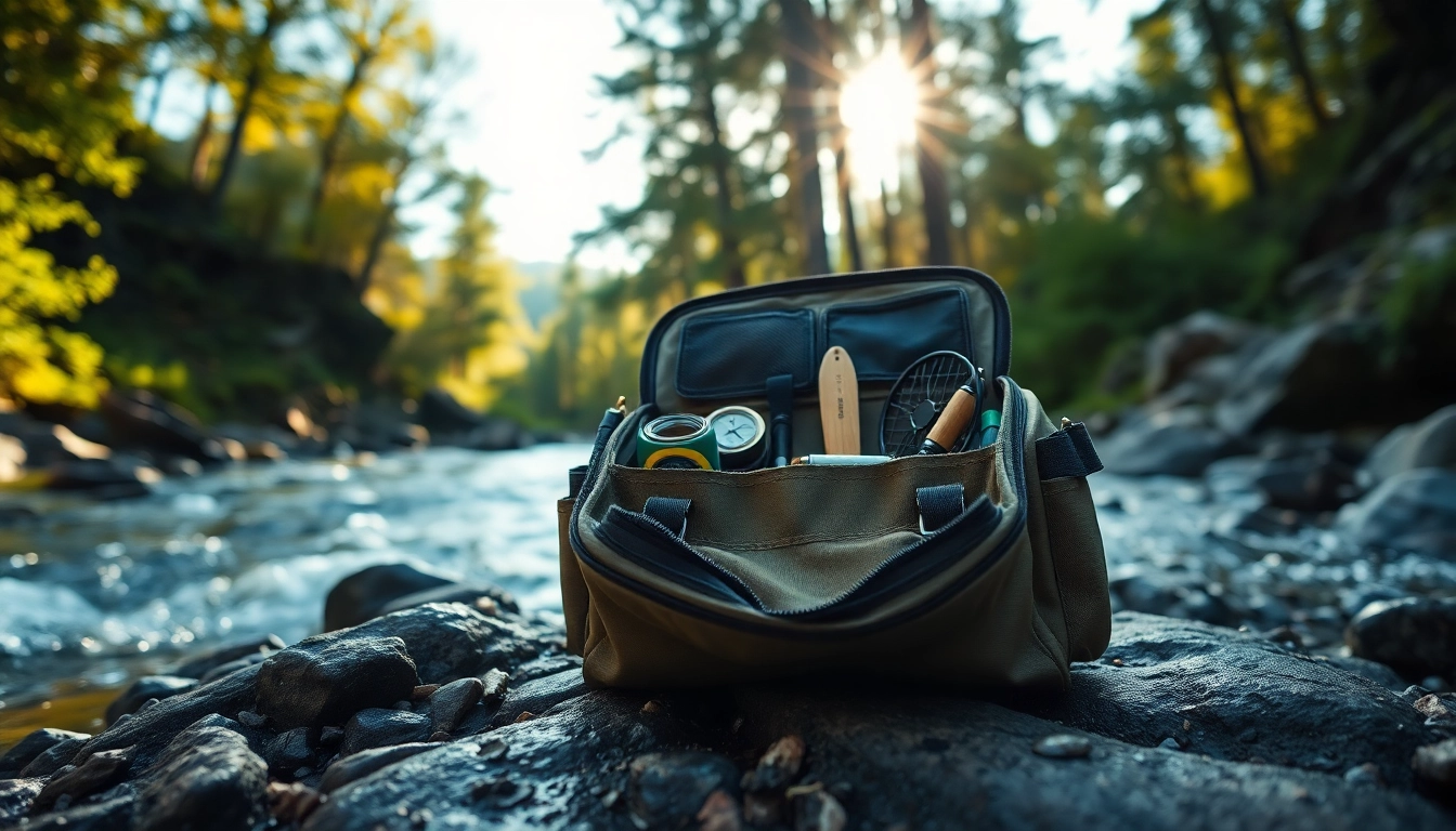 Organized fly fishing bag with gear on a riverbank under sunlight.