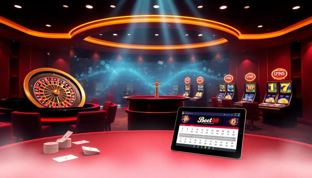 Exciting betting scene at nhà cái tobet88 showcasing poker tables with chips and cards.
