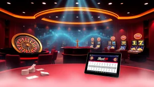 Exciting betting scene at nhà cái tobet88 showcasing poker tables with chips and cards.