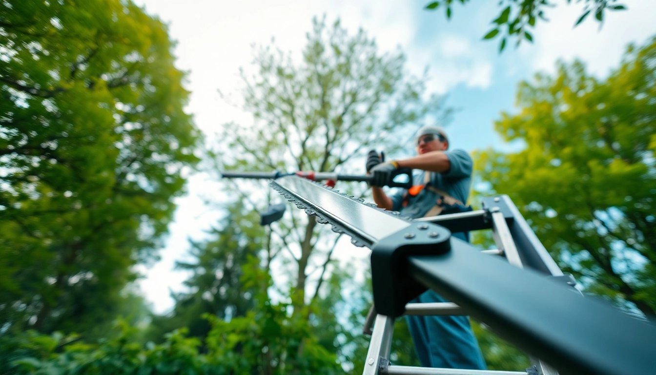 Using the best electric pole saw for efficient tree trimming in a professional landscaping setting.