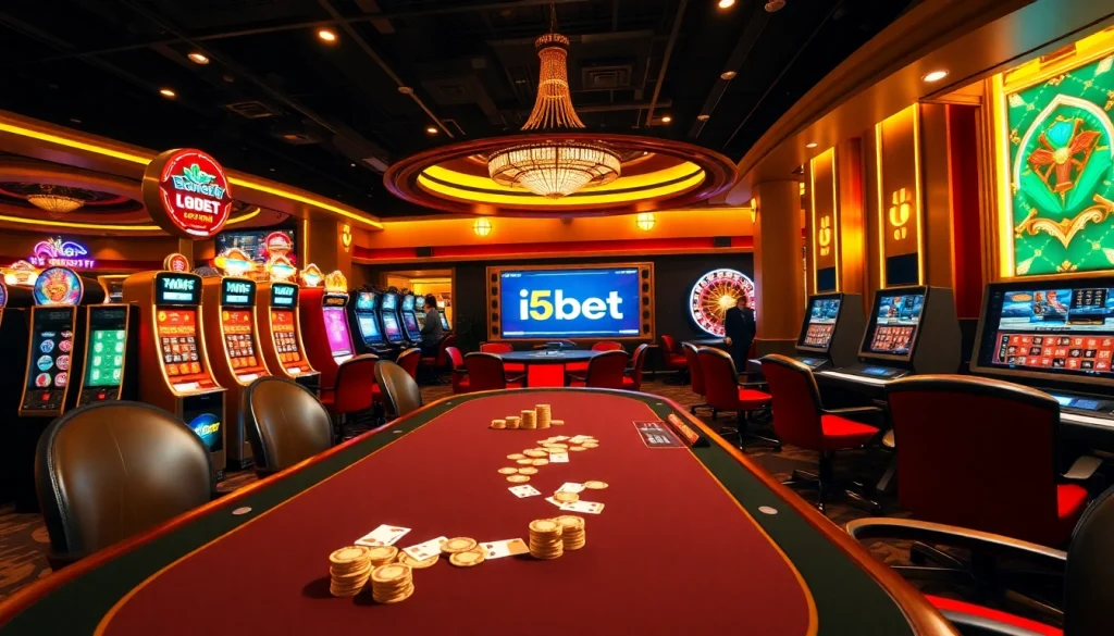 i5bet players enjoying poker and slots in a vibrant casino atmosphere.
