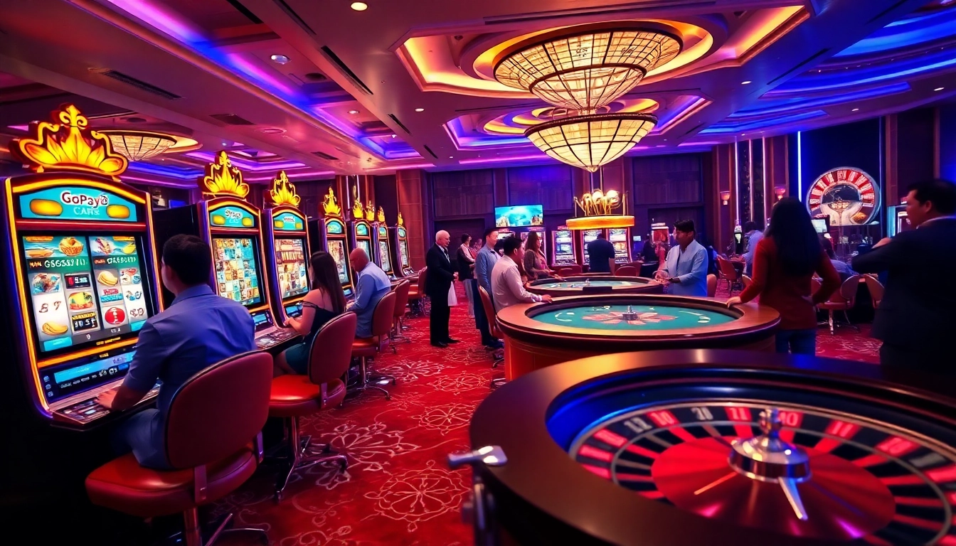 Gopay88 Daftar showcased in a lively casino scene with slot machines and poker tables.