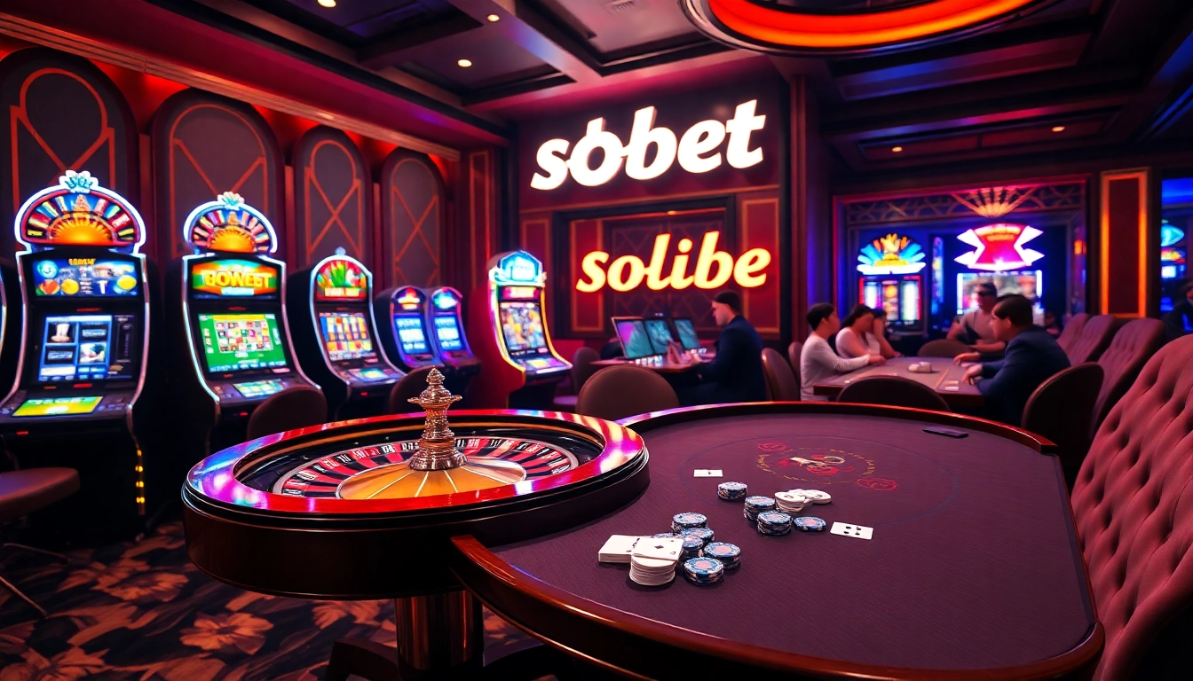 Experience the thrill of sbobet with vibrant casino scenes featuring elegant gaming tables and lively players.