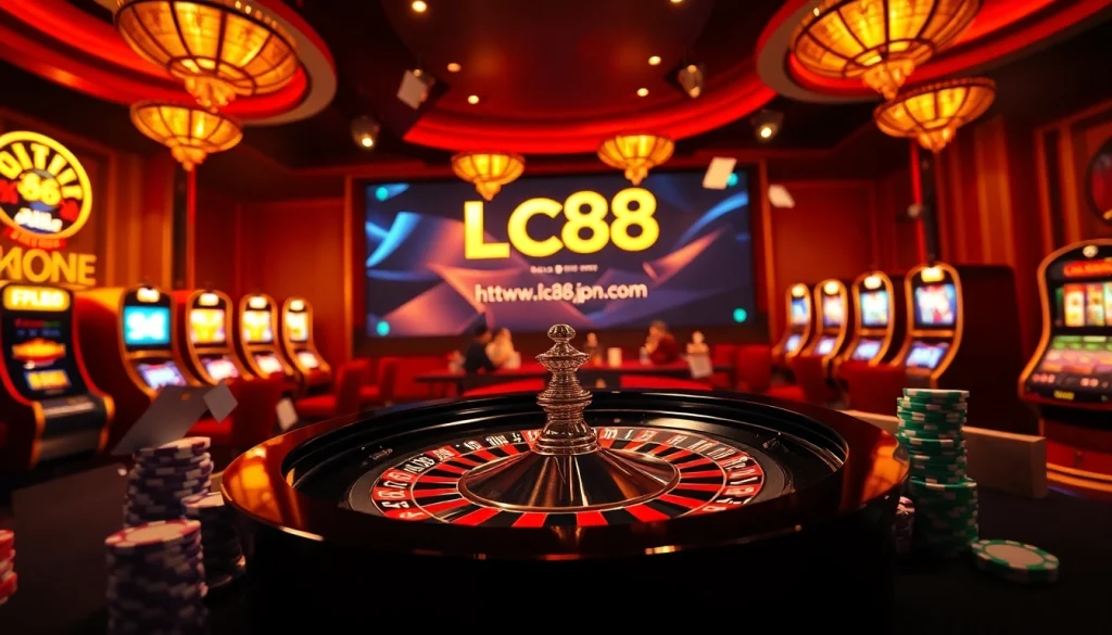 Bet on excitement at https://lc88.jpn.com/ with poker chips, a roulette wheel, and vibrant casino elements.
