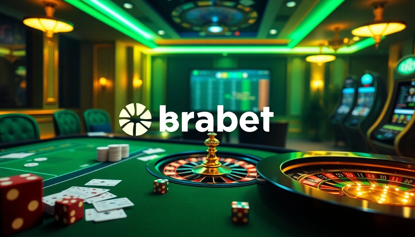 Experience the excitement of online betting with Brabet at a luxurious casino table filled with cards and poker chips.