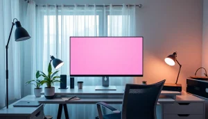 Calm home office with a pink screen on the monitor, enhancing creativity and comfort.