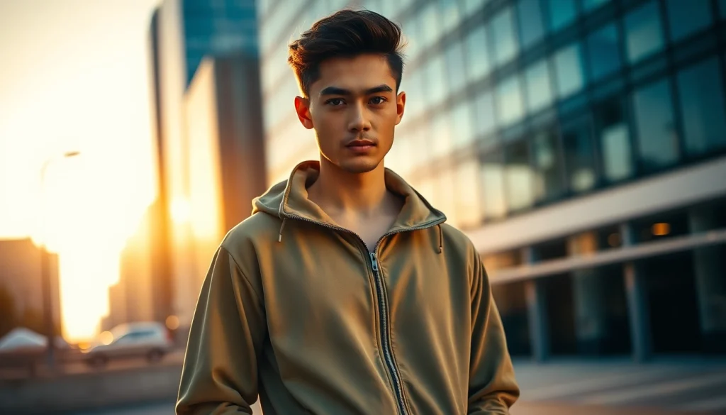 Essentials Tracksuit worn by a model in a stylish urban setting emphasizing contemporary design and lifestyle.