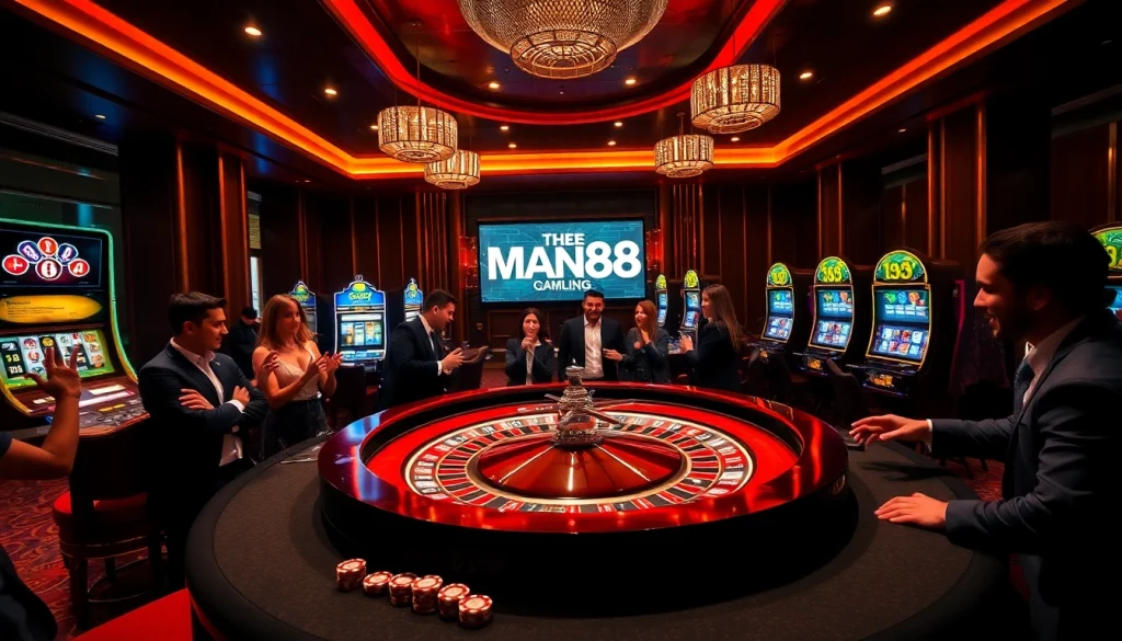 Man88 casino players enjoying roulette and slot machines in a luxurious, lively setting.