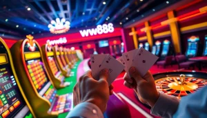 ww88 gamers celebrating a winning moment at a luxurious online casino with vibrant slot machines and roulette.