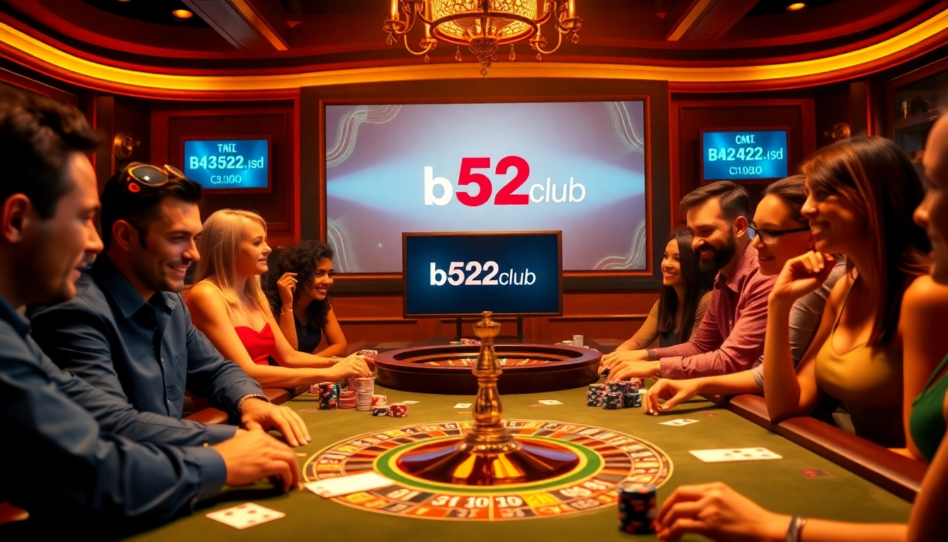 B52club players enjoying an exciting poker game in a vibrant casino setting.