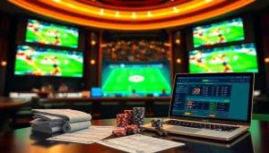 Engaged bettors using แทงบอลยังไง strategies at a vibrant sports bar with live football matches.
