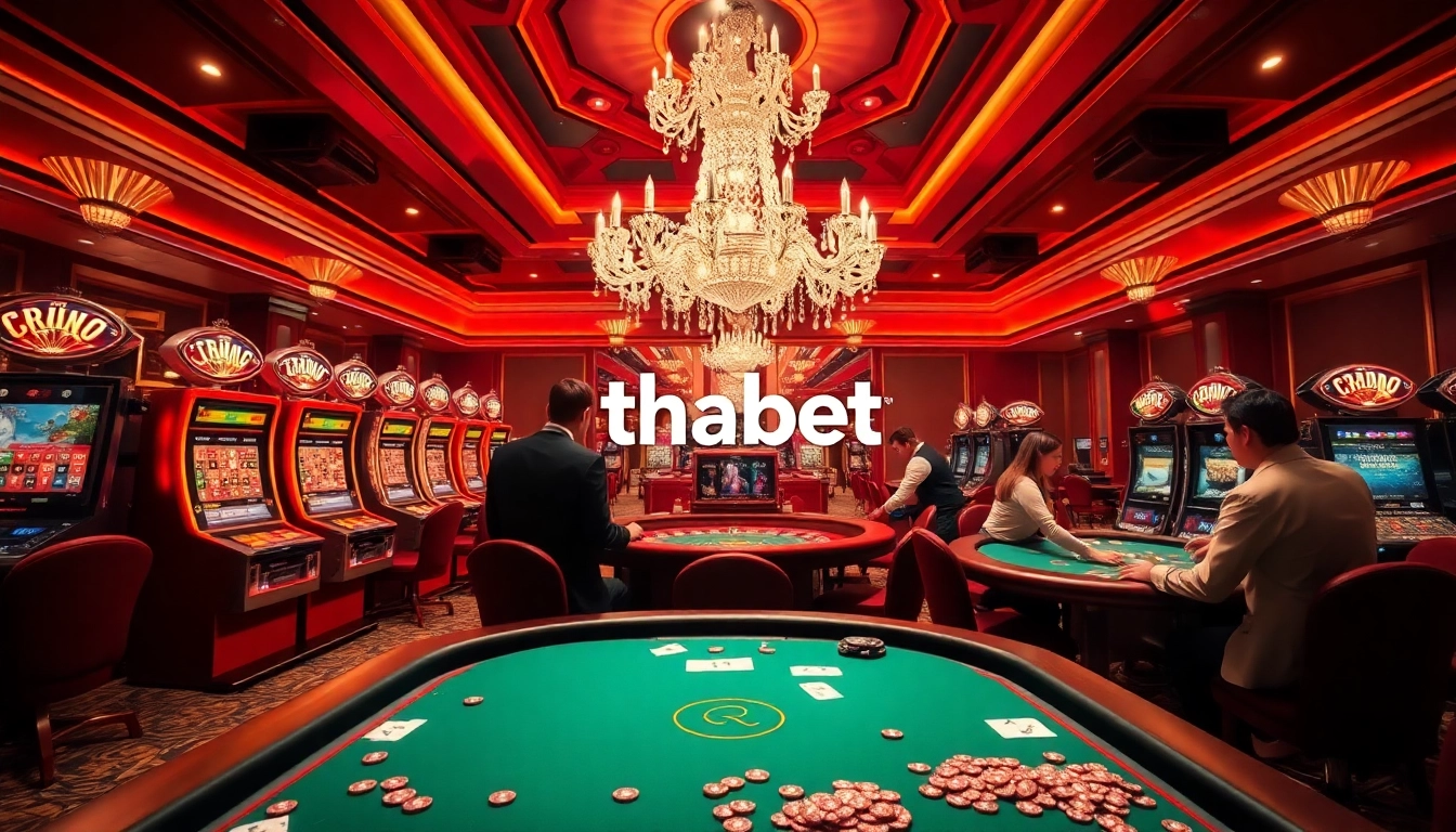 Experience the thrill of gambling at "thabet" casino tables with vibrant lights and luxurious decor.