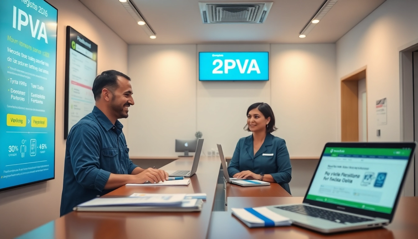 Friendly staff assisting with detran go IPVA 2026 tax payment in a modern office setting
