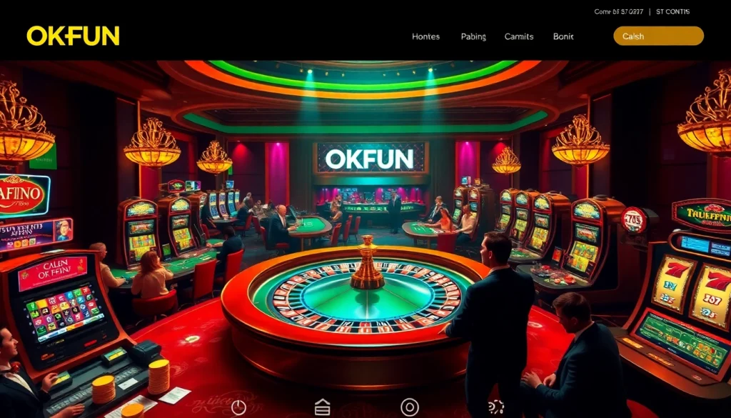 Engaging players at Trang Chủ OKFUN enjoy thrilling casino games with vibrant roulette and slot machines.