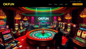 Engaging players at Trang Chủ OKFUN enjoy thrilling casino games with vibrant roulette and slot machines.