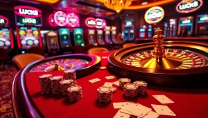 Trải nghiệm sự hứng khởi của LUCK8 với cảnh casino sống động, thể hiện poker, roulette và máy đánh bạc.