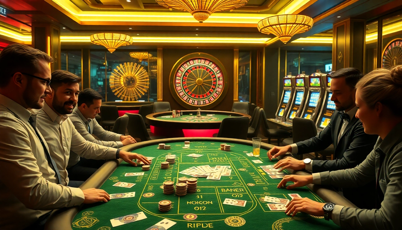 Players enjoying a vibrant onicplay casino atmosphere with poker tables and slot machines.