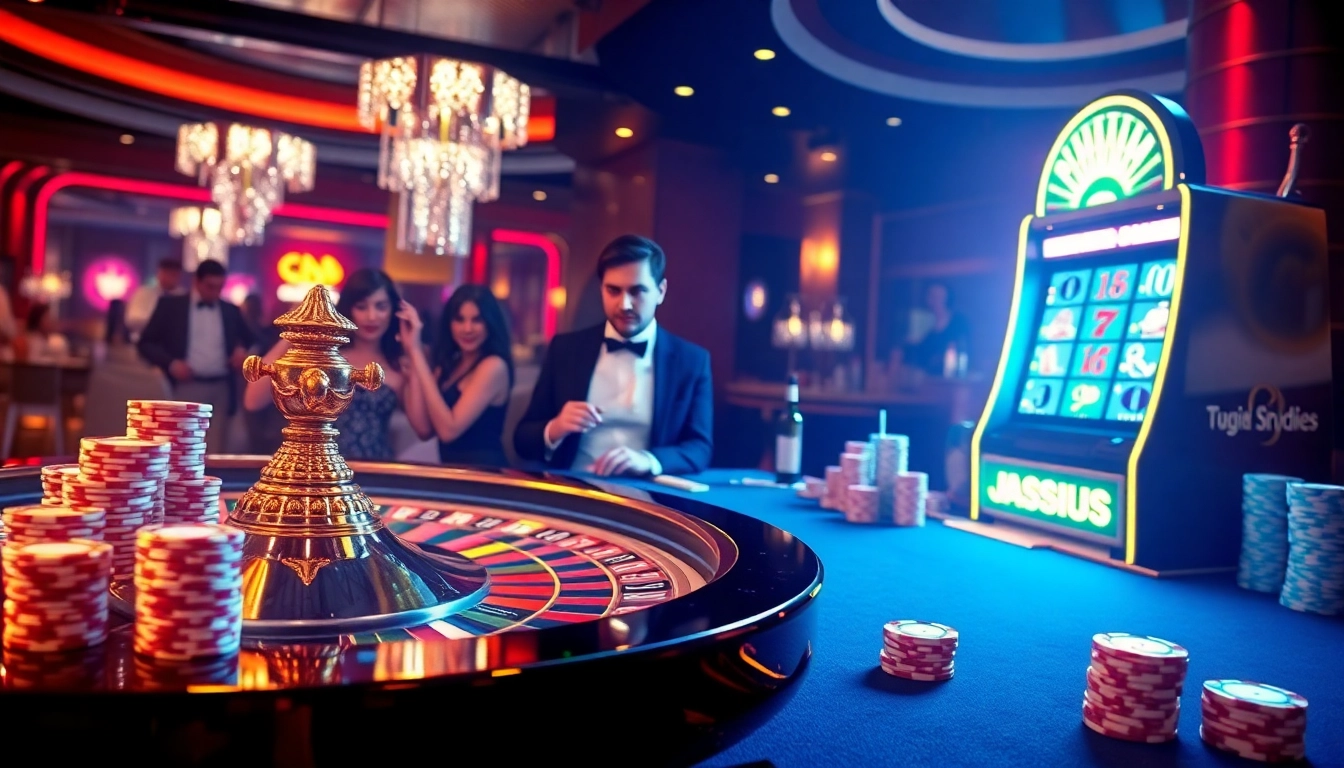 Exciting casino scene highlighting gambling action at tr88vip.co.com with roulette and slot machines.