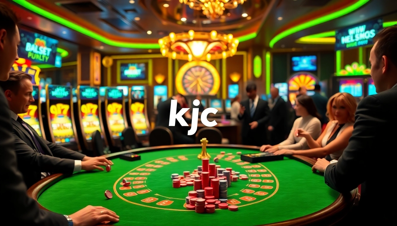 Experience the thrill at the KJC casino with vibrant tables and excited players enjoying games.