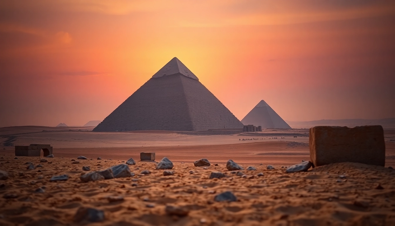 Vibrant scene of ancient pyramids illuminated at dusk, showcasing https://piraminds.com/ grandeur.