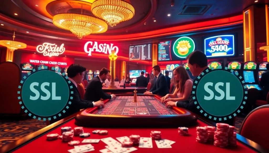 Players enjoying a thrilling game at https://kjc.football/, showcasing vibrant casino elements like poker chips and cards.