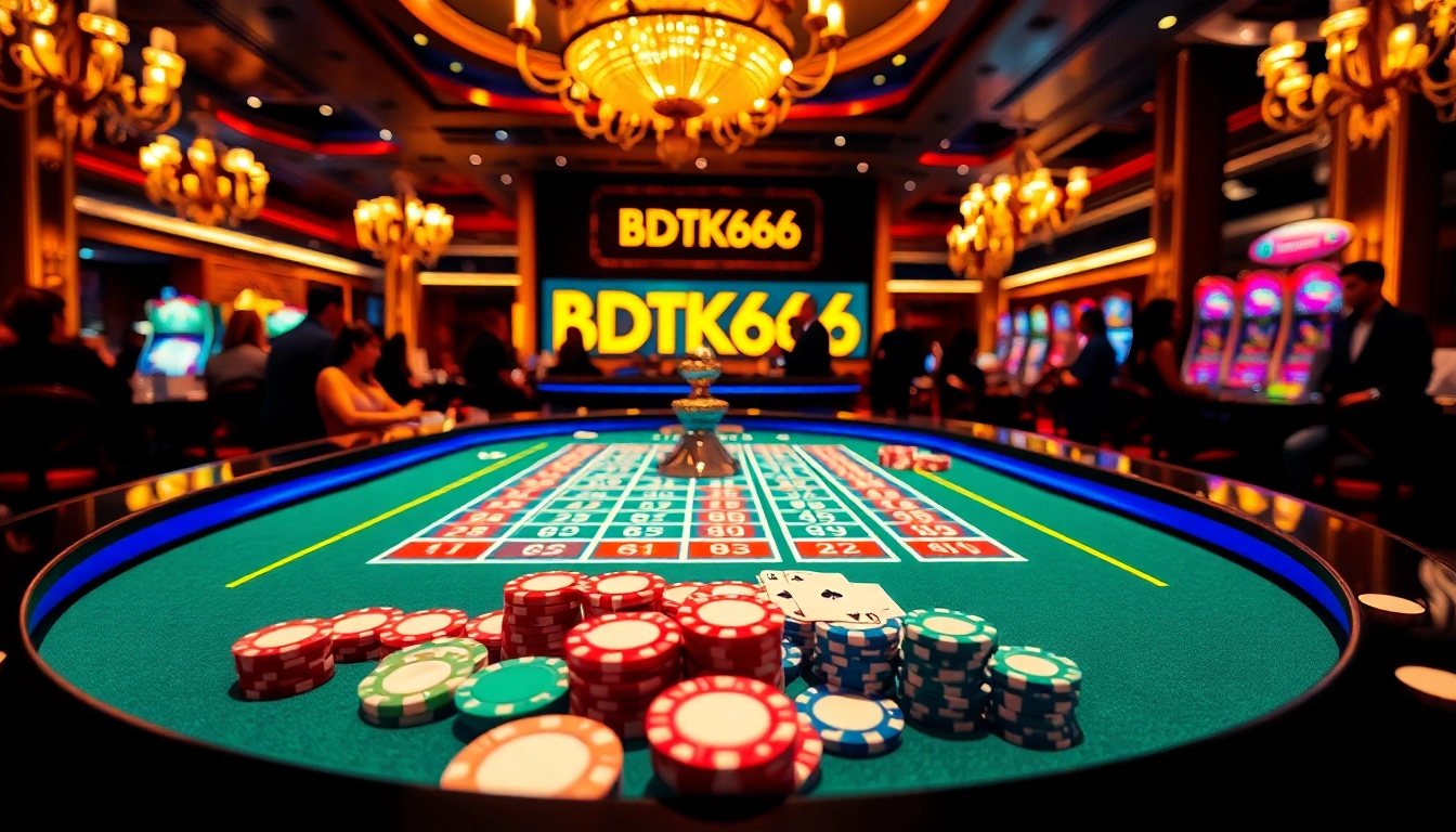 Exciting casino scene with BDTK666 on display, vibrant roulette table, and eager players.