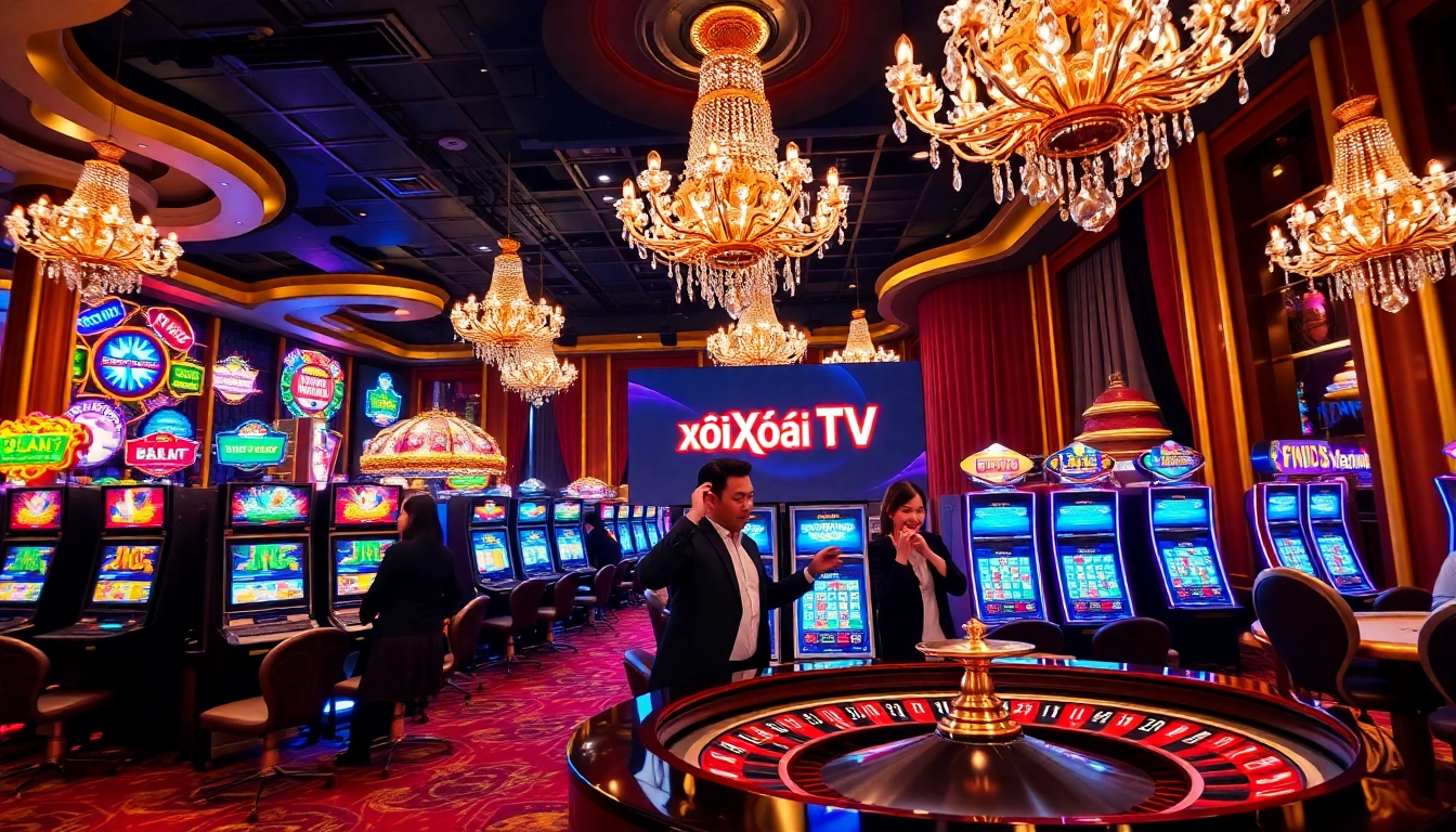 Xôi Xoài TV showcasing gamblers celebrating wins at a luxurious roulette table in a vibrant casino.