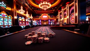 Engage in a thrilling game at ok88's vibrant casino, featuring poker chips and a spinning roulette wheel.