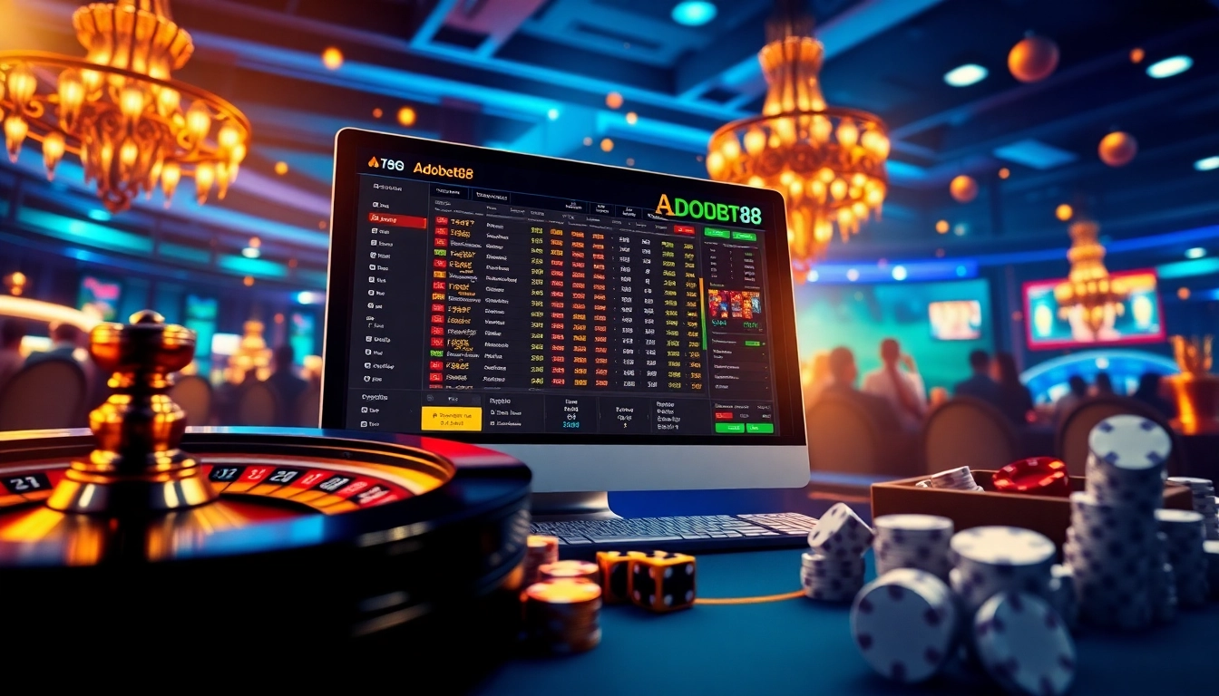 Experience thrilling online gambling with Adobet88, showcasing sports betting, poker chips, and a vibrant roulette wheel.