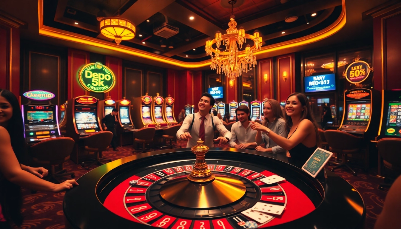 Para pemain memasang taruhan dengan depo 5k di meja kasino mewah, memancarkan kegembiraan dan antisipasi.