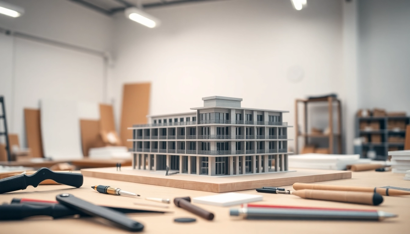 Architekturmodellbau Braunschweig: Präzises Arbeiten an einem detaillierten Architekturmodell in einem gut beleuchteten Werkstattumfeld.