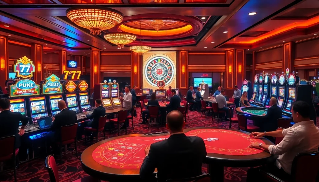 Engaged players strategizing at 7c77 casino tables, surrounded by vibrant slot machines and excitement.