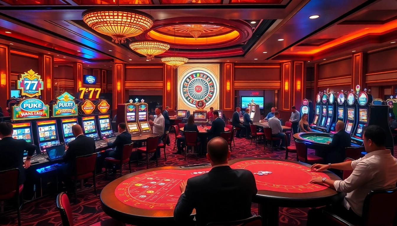 Engaged players strategizing at 7c77 casino tables, surrounded by vibrant slot machines and excitement.