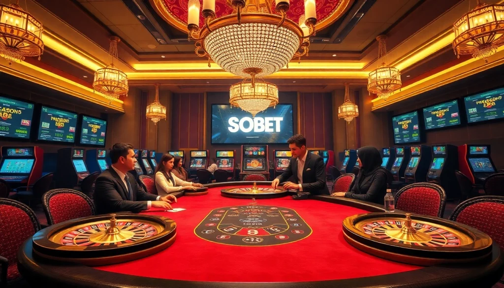 Players enjoying a thrilling game at SOIBET Casino, featuring luxury poker tables and vibrant slot machines.