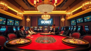 Players enjoying a thrilling game at SOIBET Casino, featuring luxury poker tables and vibrant slot machines.