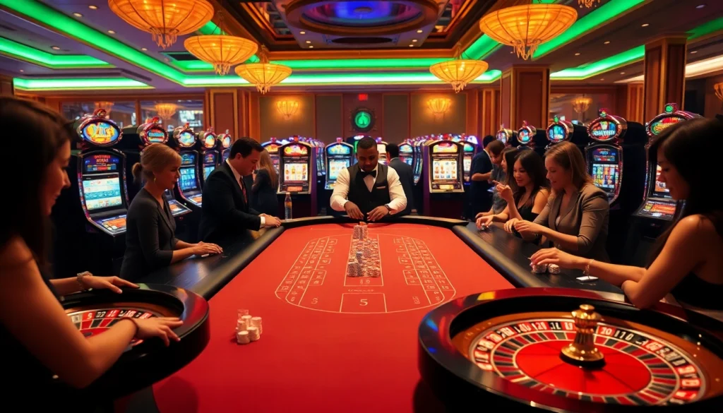 Players celebrating their wins at the MK8 casino gaming table, surrounded by vibrant slot machines.