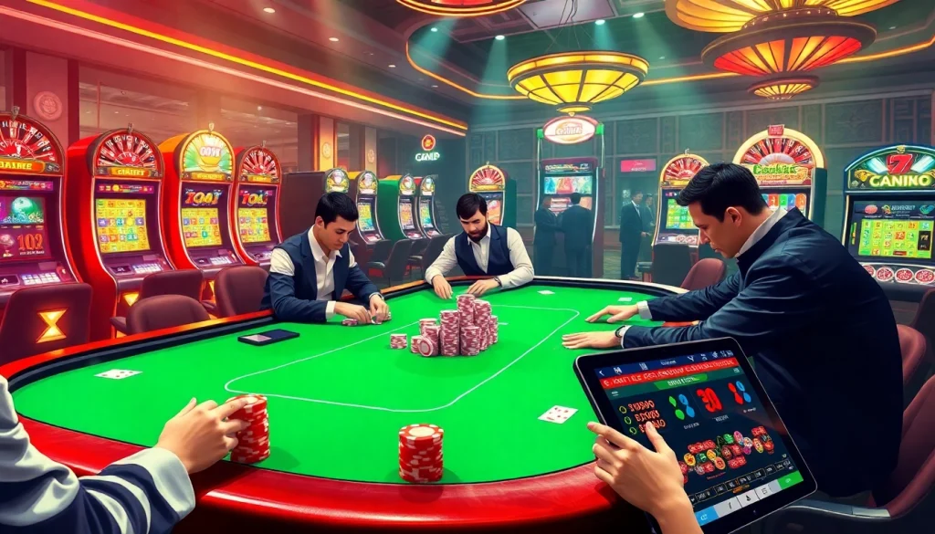 Experience the thrill of playing rikvip at a glamorous casino table with poker chips and vibrant slot machines.