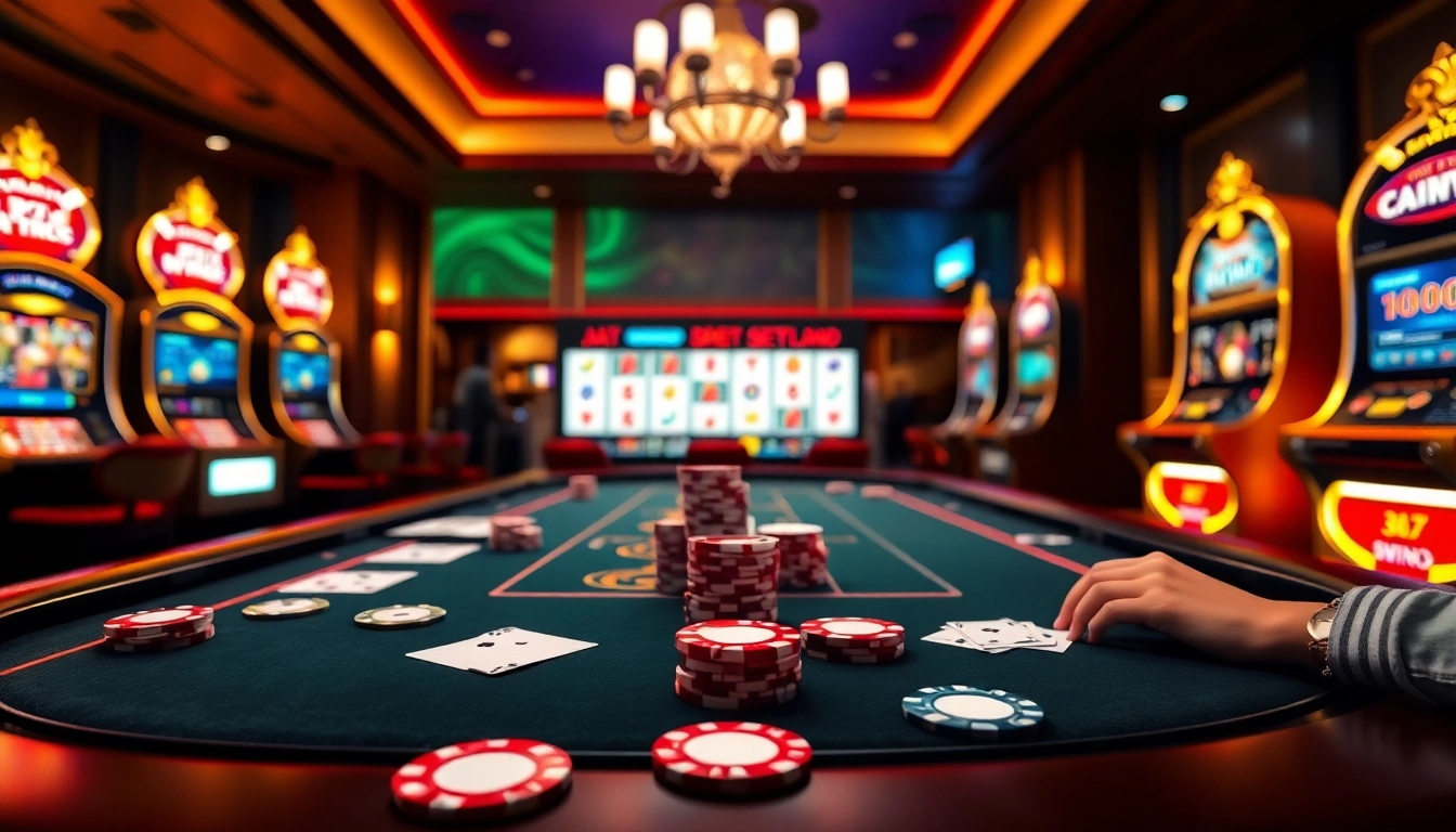 Experience the excitement of nhà cái FIVE88 with vibrant casino tables and glowing slot machines.