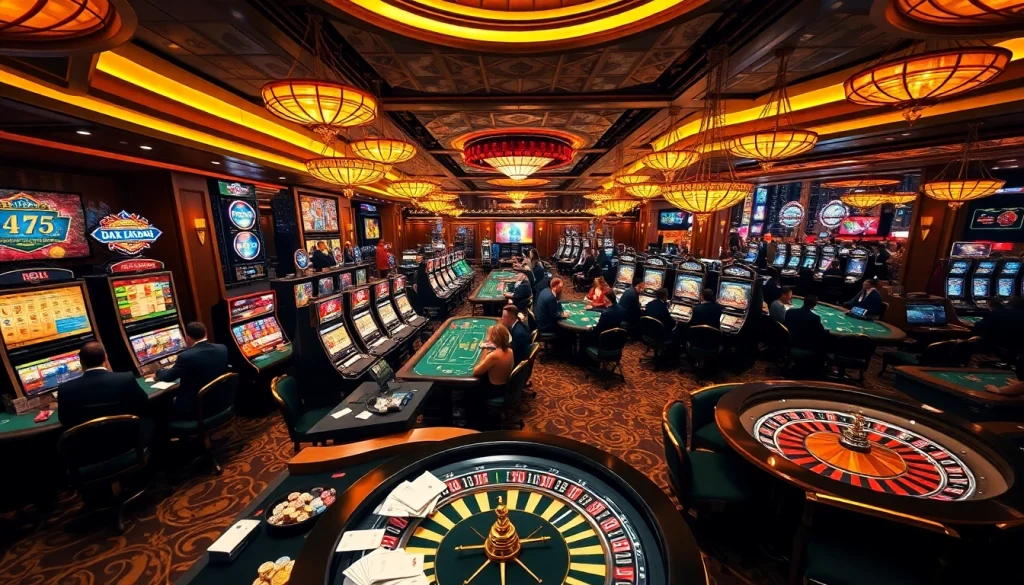 Exciting gaming atmosphere at https://lc88.jpn.com/ showing players at tables with cards and chips.