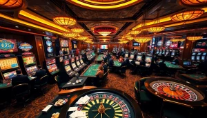 Exciting gaming atmosphere at https://lc88.jpn.com/ showing players at tables with cards and chips.