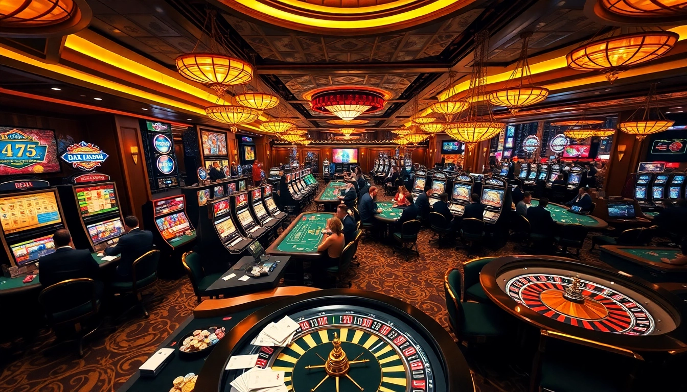 Exciting gaming atmosphere at https://lc88.jpn.com/ showing players at tables with cards and chips.