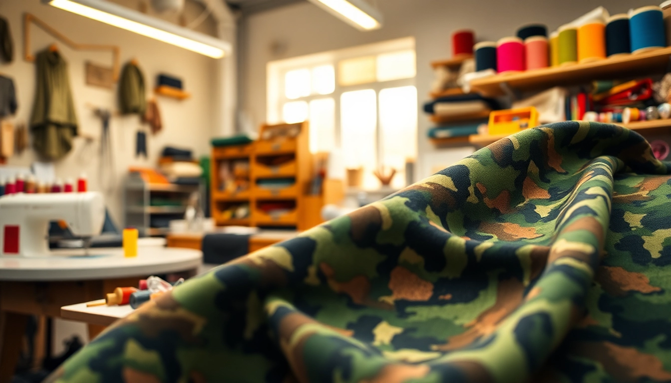 Bekijk katoen met legerprint; army print stof in creatieve naaiatelier met kleurrijke materialen.