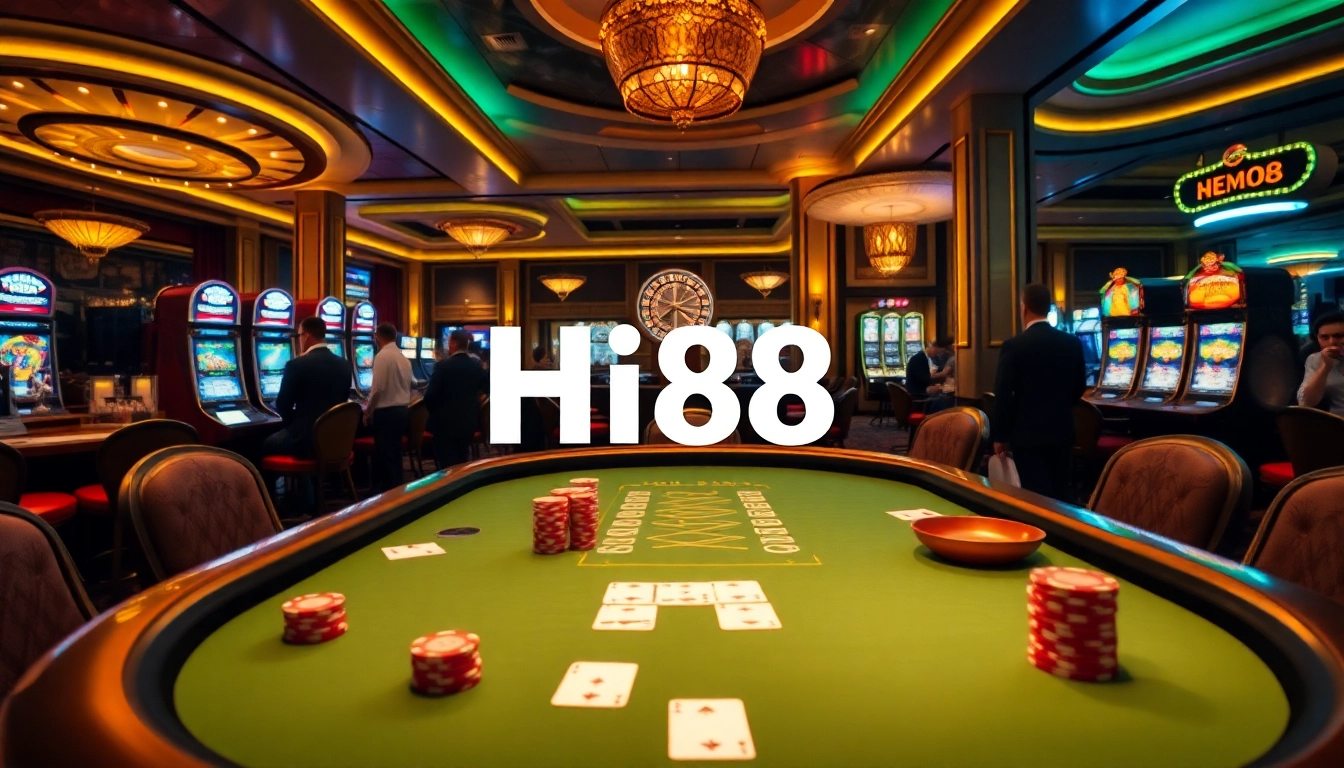 Experience an exciting poker game at Hi88 with vibrant casino elements and elegant decor.