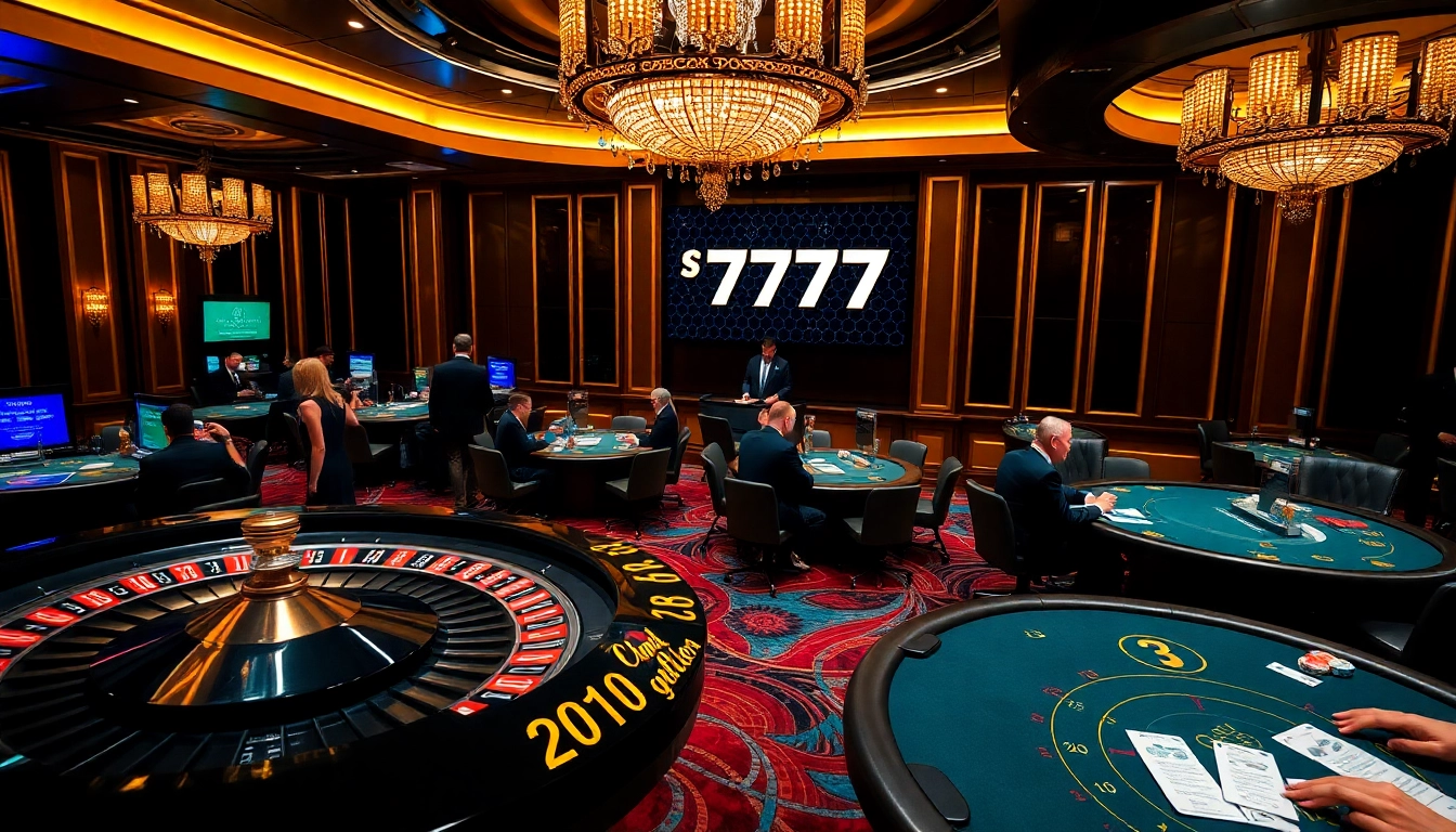 Experience the excitement of seven77 in a vibrant casino scene with roulette and poker tables.