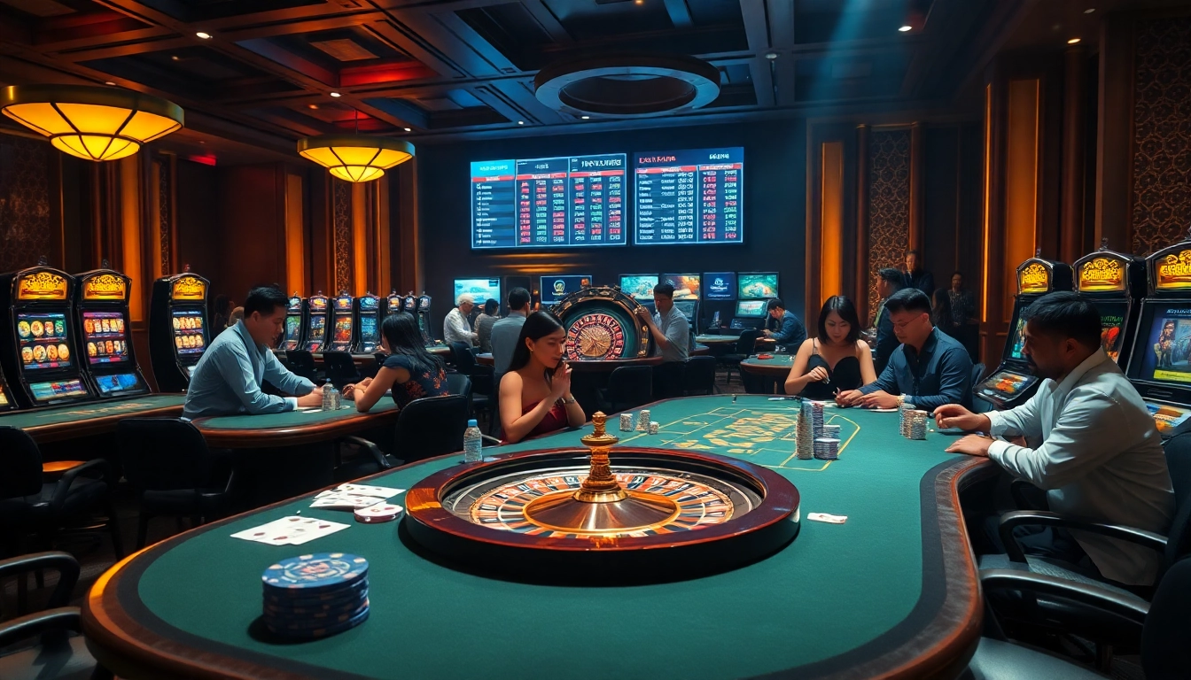 Engaging casino scene highlighting Thủ Đoạn Lừa Đảo Trong Xổ Số with players at tables, vibrant slot machines.