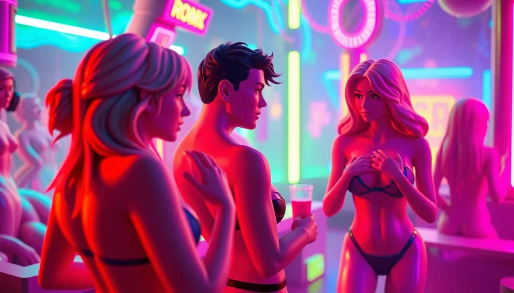 AI-generated porn games scene showcasing vibrant characters in a futuristic setting.