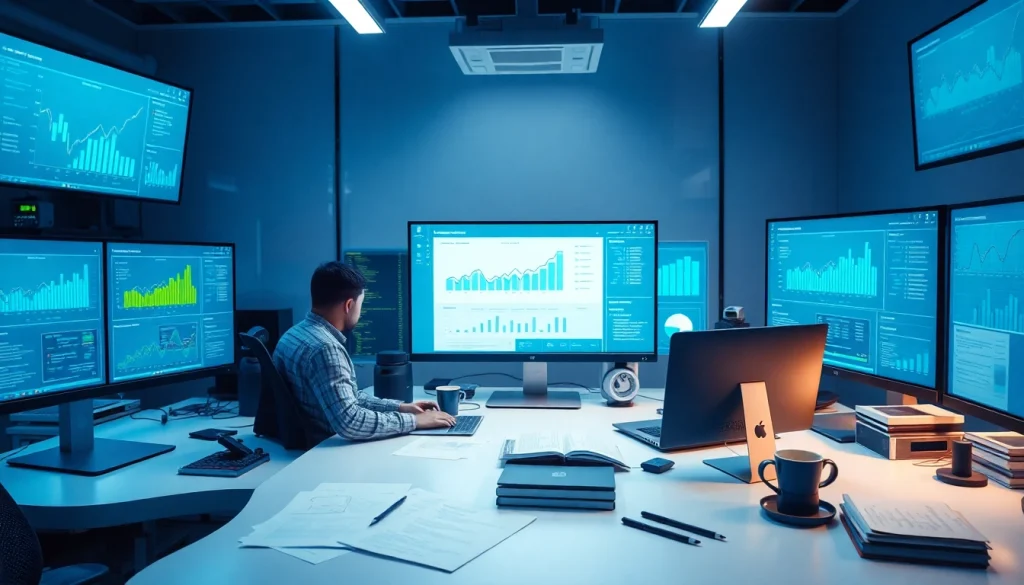 Modern software engineering workspace with code on screens and finance dashboards.