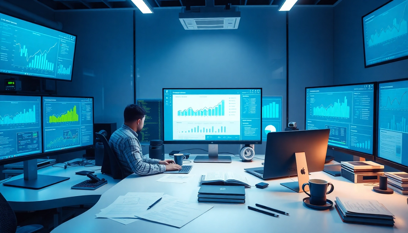 Modern software engineering workspace with code on screens and finance dashboards.